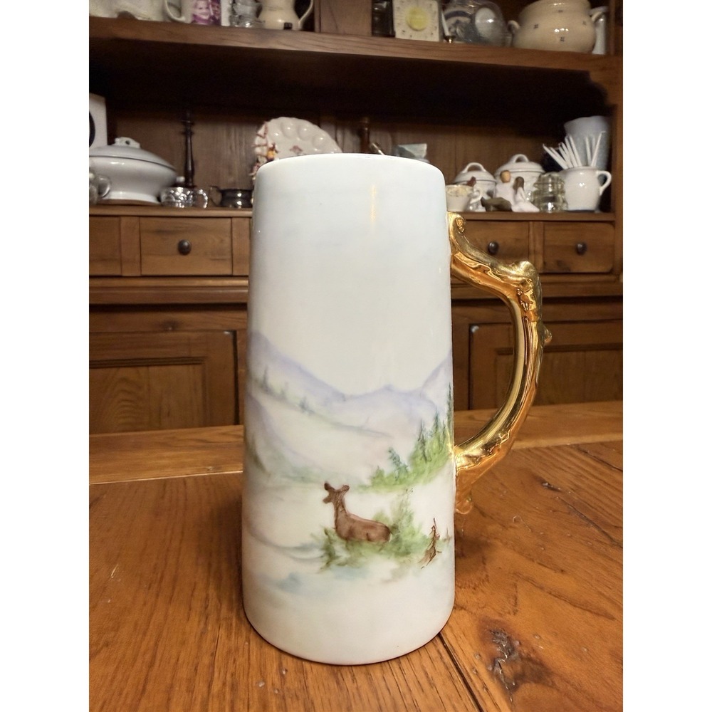 Vtg Coffee/Beer Mug Deer Trees Ducks‎ Gold Handle Ceramic